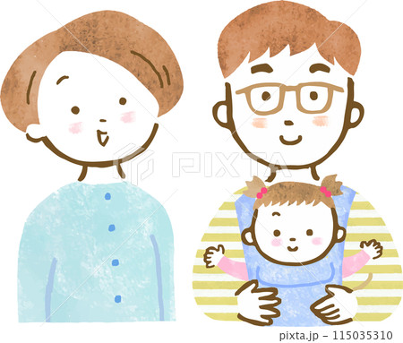 父親が抱っこ紐で女の子を抱っこし、母親が寄り添っている3人家族の上半身手描きイラスト 父親が抱っこ紐で女の子を抱っこし、母親が寄り添っている3人家族の上半身手描きイラスト 115035310