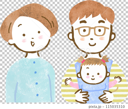 父親が抱っこ紐で女の子を抱っこし、母親が寄り添っている3人家族の上半身手描きイラスト 父親が抱っこ紐で女の子を抱っこし、母親が寄り添っている3人家族の上半身手描きイラスト 115035310