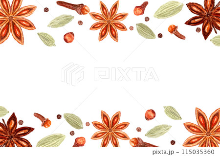 Star anise, cardamom, clove, black pepper watercolor frame on a white background. Spices with detailed texture and shades. Perfect for culinary, botanical projects, cards, posters, spice containers 115035360