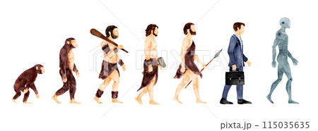 Human evolution from monkeys to AI . Watercolor paint design . Isolated white background . Illustration . Human evolution from monkeys to AI . Watercolor paint design . Isolated white background . Illustration . 115035635