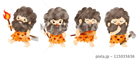 Stone age man . Cuet cartoon character . Watercolor paint design . Isolated white background . Illustration . 115035636