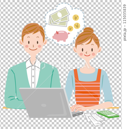 Couple keeping household account book, savings, tax return Couple keeping household account book, savings, tax return 115035839