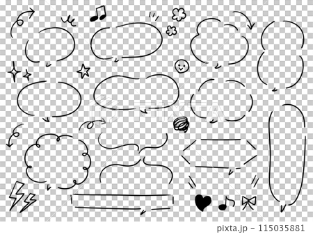 Handwritten speech bubble and arrow set with cartoon symbols for pop advertising 115035881