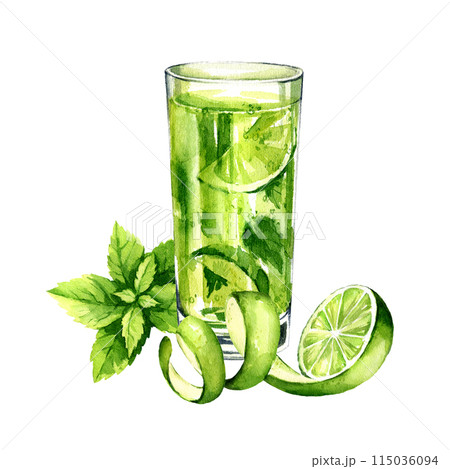 watercolor glass of mojito cocktail with fresh leaves of mint and green fruit lime, summer composition of refreshing drink, illustration, hand drawn sketch of cold beverage isolated white background watercolor glass of mojito cocktail with fresh leaves of mint and green fruit lime, summer composition of refreshing drink, illustration, hand drawn sketch of cold beverage isolated white background 115036094
