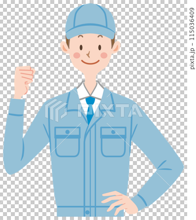 Male worker wearing work clothes posing with fist in the air 115036409