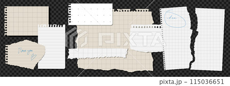 Set of realistic torn paper, notebook sheets, old paper. Trendy elements for collage. Vector vintage illustration on dark background. 115036651