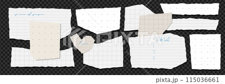 Torn paper pieces big set. Light beige shapes with jagged uneven edges. Ripped different checkered paper fragments collection. Textured grunge elements bundle for collage, text box, sticker. Vector 115036661