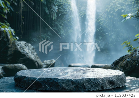 Large stone podium for product advertising. Product presentation. Blurred background. AI-generated content 115037428