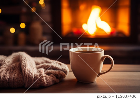 A cup of coffee and a blanket rest on a table in front of a crackling fireplace 115037430