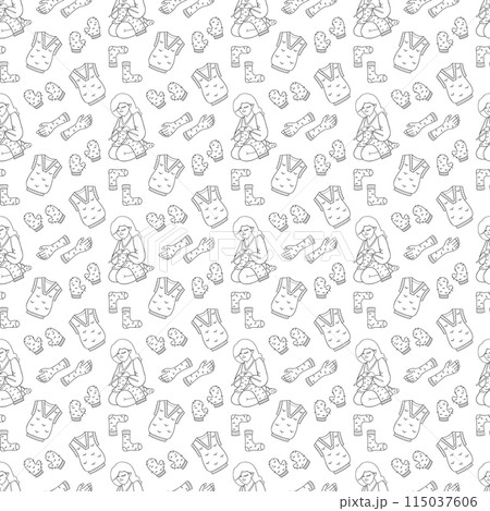 Seamless pattern with girl and knitting clothes. Doodle outline illustration. Seamless pattern with girl and knitting clothes. Doodle outline illustration. 115037606