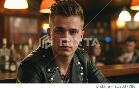 Portrait of a young stylish man is sitting in a pub or bar. Generative AI Portrait of a young stylish man is sitting in a pub or bar. Generative AI 115037786