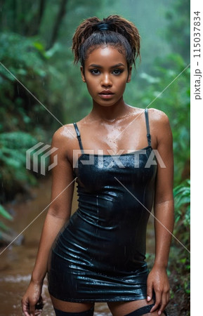 Wet pretty black skin girl in a latex or leather short dress in the rain in a tropical forest or 115037834