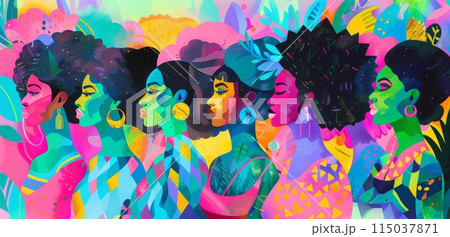 Diversity people. Group of different women. Trendy cartoon demonstration. Female international community. Feminism and freedom. Diverse character. Equality lifestyle 115037871