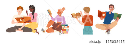 Bookcrossing with Happy Man and Woman Character with Borrowed Paper Book Vector Illustration Set Bookcrossing with Happy Man and Woman Character with Borrowed Paper Book Vector Illustration Set 115038415
