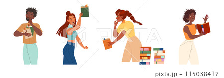 Bookcrossing with Happy Man and Woman Character with Borrowed Paper Book Vector Illustration Set 115038417