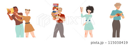 Bookcrossing with Happy Man and Woman Character with Borrowed Paper Book Vector Illustration Set Bookcrossing with Happy Man and Woman Character with Borrowed Paper Book Vector Illustration Set 115038419