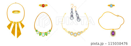 Golden Precious Jewelry with Necklace, Ring and Earring with Gem Vector Set 115038476