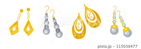 Golden Precious Jewelry with Earrings with Gem Vector Set 115038477