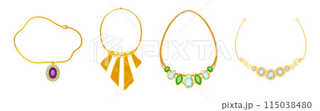Golden Precious Jewelry with Necklace and Gem Vector Set Golden Precious Jewelry with Necklace and Gem Vector Set 115038480