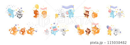 Cute Animal Character Marching and Playing Musical Instrument Vector Set 115038482