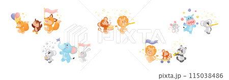 Cute Animal Character Marching and Playing Musical Instrument Vector Set 115038486