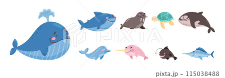 Cute Sea Animal with Smiling Face Vector Set Cute Sea Animal with Smiling Face Vector Set 115038488