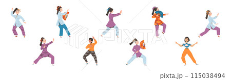 Tai Chi Practice with Man and Woman Doing Qigong Exercise as Internal Chinese Martial Art Vector Illustration Set Tai Chi Practice with Man and Woman Doing Qigong Exercise as Internal Chinese Martial Art Vector Illustration Set 115038494