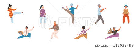 Tai Chi Practice with Man and Woman Doing Qigong Exercise as Internal Chinese Martial Art Vector Illustration Set Tai Chi Practice with Man and Woman Doing Qigong Exercise as Internal Chinese Martial Art Vector Illustration Set 115038495