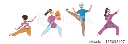 Tai Chi Practice with Man and Woman Doing Qigong Exercise as Internal Chinese Martial Art Vector Illustration Set Tai Chi Practice with Man and Woman Doing Qigong Exercise as Internal Chinese Martial Art Vector Illustration Set 115038497