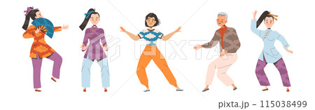 Tai Chi Practice with Man and Woman Doing Qigong Exercise as Internal Chinese Martial Art Vector Illustration Set Tai Chi Practice with Man and Woman Doing Qigong Exercise as Internal Chinese Martial Art Vector Illustration Set 115038499