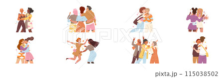 Man and Woman Friend Hugging Meeting Each Other Feeling Joy Vector Illustration Set Man and Woman Friend Hugging Meeting Each Other Feeling Joy Vector Illustration Set 115038502