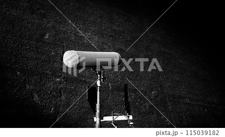 Boom Microphone In Set. Boom Microphone on stand in Video Production which recording audio of talent model and ambient sound in studio. Pro mic for audio capture in film industry and audio recording. 115039182