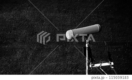 Boom Microphone In Set. Boom Microphone on stand in Video Production which recording audio of talent model and ambient sound in studio. Pro mic for audio capture in film industry and audio recording. Boom Microphone In Set. Boom Microphone on stand in Video Production which recording audio of talent model and ambient sound in studio. Pro mic for audio capture in film industry and audio recording. 115039183