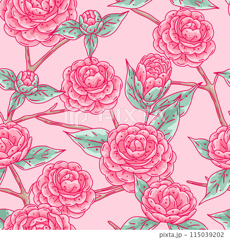 Pattern with camellia flowers. Beautiful decorative plants. 115039202