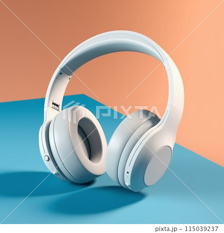 Wireless White headphones on a orange and blue background. Minimal concept. Mock-up. Music. 115039237