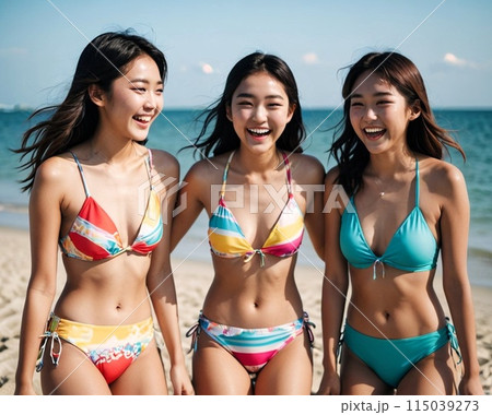 海３人 海で出会ったキュートな3人娘！花の中学三年生のイラスト素材