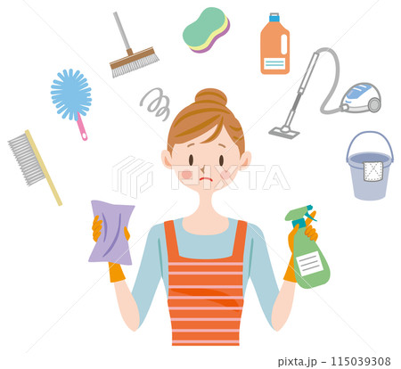 掃除道具を持って悩む主婦のイラスト ストレス 過労 掃除道具を持って悩む主婦のイラスト ストレス 過労 115039308