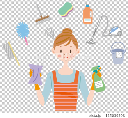 掃除道具を持って悩む主婦のイラスト ストレス 過労 掃除道具を持って悩む主婦のイラスト ストレス 過労 115039308