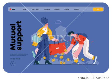 Mutual Support: Pick up fallen item -modern flat vector concept illustration of man collecting fruits that fell from woman's bag A metaphor of voluntary, collaborative exchanges of resource, services 115039322
