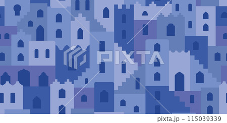 Abstract minimalist geometric moroccan landscape, city. Flat building shapes, stairs, arches seamless pattern like Chefchaouen. Moroccan style background for wrapping paper, textile, fabric, banner 115039339