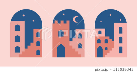Abstract architecture, buildings, stairs. Minimalist moroccan city night, eastern window, door, gateway shapes for card, poster. 115039343