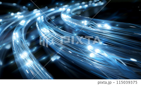 Abstract representation of data flow with glowing blue fiber optic cables, illustrating high-speed internet and digital communication. 115039375