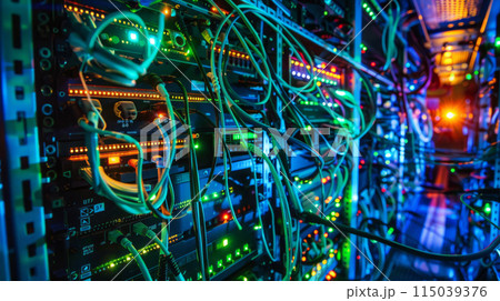 Complex network of data packets traversing through routers and switches. Concept of digital communication and internet infrastructure. 115039376