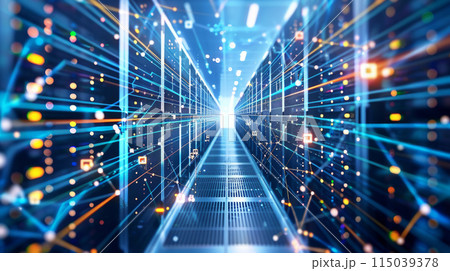 High-Tech Data Center with Glowing Data Streams, Representing Modern Information Storage and Transmission 115039378