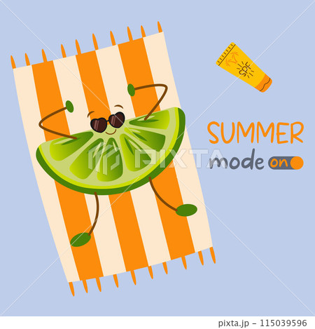 Summer. Lime character wearing sunglasses lying on beach towel. Summer mood included. llustration for web,design, print. 115039596