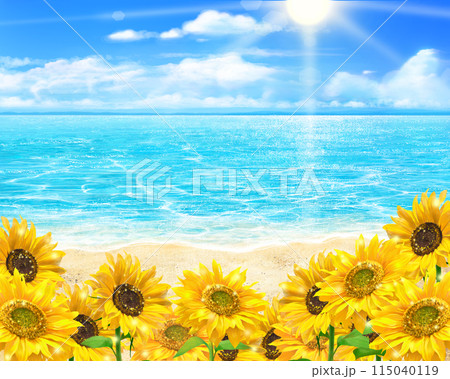太陽の下入道雲の青い空の下に咲く向日葵と飛行機雲と海のゆらめく波の夏イメージベクターイラスト素材 太陽の下入道雲の青い空の下に咲く向日葵と飛行機雲と海のゆらめく波の夏イメージベクターイラスト素材 115040119