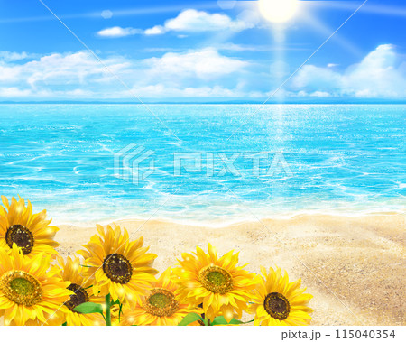 太陽の下入道雲の青い空の下に咲く向日葵ー海のゆらめく波の夏イメージイラスト素材 115040354