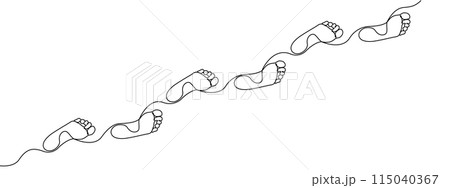 Footprint of a path of barefoot human feet in simple linear style . Diagonal trace of barefoot is drawn with one continuous editable line. Vector illustration Footprint of a path of barefoot human feet in simple linear style . Diagonal trace of barefoot is drawn with one continuous editable line. Vector illustration 115040367