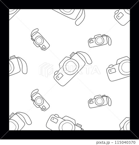 Retro Photo Camera Seamless pattern. Vector Outline Illustration Isolated on White background. Linear Template, Monochrome Background for Textile, Fabric, Wallpaper, Wrapping Paper. Retro Photo Camera Seamless pattern. Vector Outline Illustration Isolated on White background. Linear Template, Monochrome Background for Textile, Fabric, Wallpaper, Wrapping Paper. 115040370