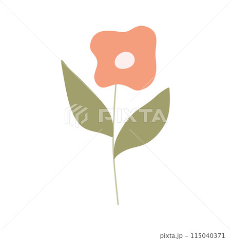 Vector Orange Flat Flowers, Hand drawn in Cartoon style. Isolated on white background Botany Doodle illustration. Blooming Flower with Green Leaves, Design Graphic Art, Spring Card, Summer Invitation 115040371